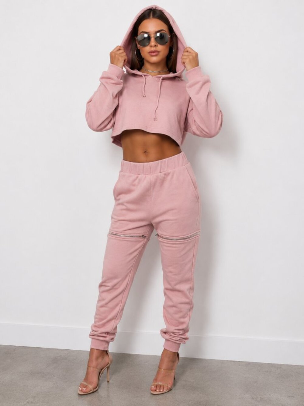 Pink Convertible Sweatsuit Set Cropped Hoodie Joggers NWT